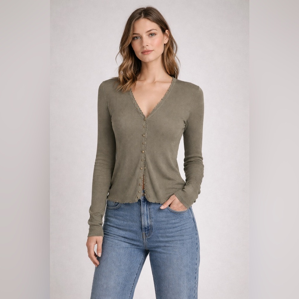 Jigsaw Olive Ribbed‎ Button Front Top Size Small